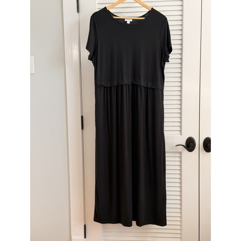J.Jill Black Layered Look Maxi Dress Short Sleeve Size L Rayon Stretch
